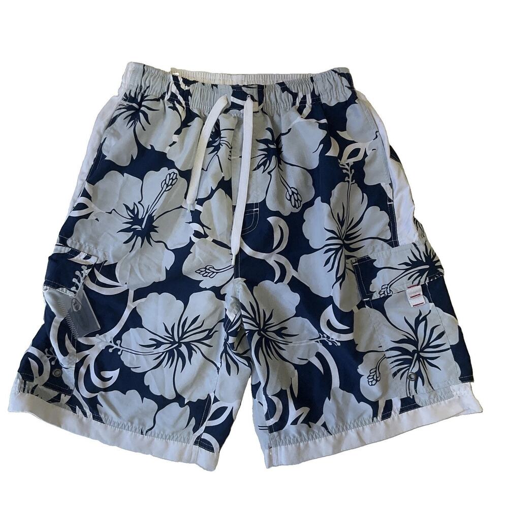 Sideout Men Swimwear M Navy Swim Trunks Floral Board Shorts Button Grommet 9.5”